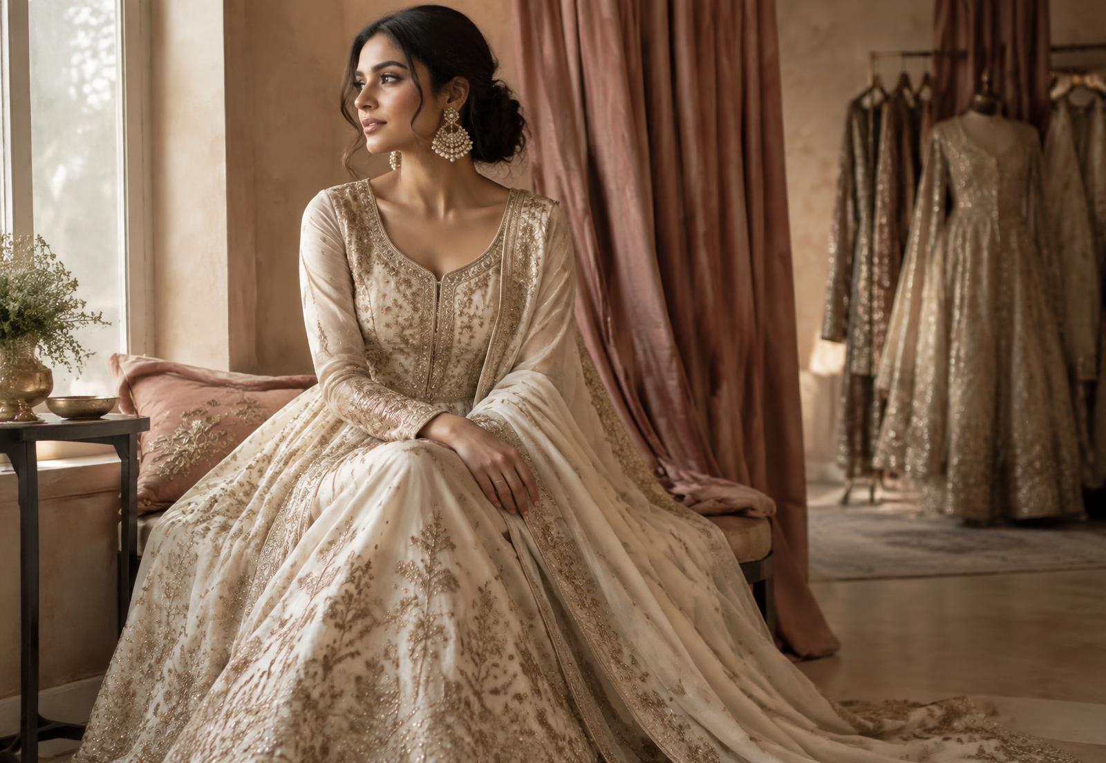 Ivory embroidered anarkali in the Swati Jain atelier